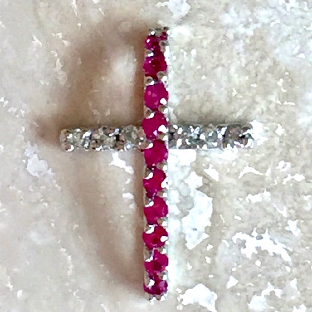 14k Solid Gold Ruby And Diamond Cross Pendant - image 1